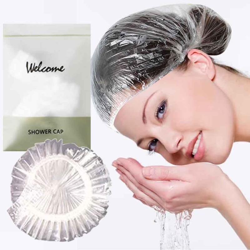 50PCS Individually Wrapped Disposable Shower Caps, Plastic Waterproof Elastic Hair
