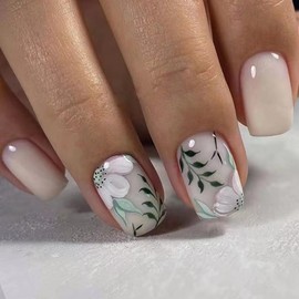 Short Press on Nails Square Flower Fake Nails with Designs Spring White False Nails Leaf Floral Gel Acrylic Nails Real Extra Short Glue on Nails Full Cover Stick on Nails for Women 24Pcs