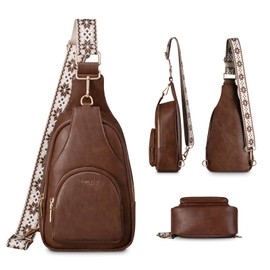 Vulkitty Brusttasche Damen Sling Bag PU Leder Crossbody Kleine Umhängetasche Schultertaschen mit Loch für Kabel, Dunkelbraun