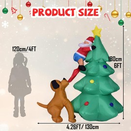 PIPIMOUSE 6ft Christmas Inflatables Tree Outdoor Decoration with LED Lights, Santa Claus Chased by Dog Inflatable Christmas Tree Blow Up Yard Decoration for Patio Lawn Garden Xmas Party Decor
