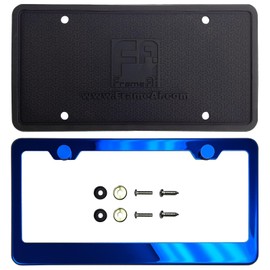 T304 Stainless Steel License Plate Frame Combo Blue Mirror Chrome Electroplating Universal Fit Aluminum Screw On Cap Cover, Rust Proof Weather Proof Silicone Back Guard(Qty: 1 Frame)