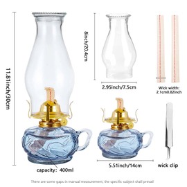 Rustic Oil Lamp for Indoor Use,Large Kerosene Lamp with Handle,2 Pcs Wicks and 1 Tweezers,Vintage Glass Hurricane Lamp for Home Emergency Lighting (Blue)