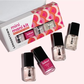 LONDONTOWN Mani Mini Kit - Mother’s Day Manicure Nail Care Set with Nail Hardener & Base Coat, Summer Fling lakur (Bright Pink Polish), High Gloss Top Coat, and Nourishing Cuticle Oil - .24fl oz