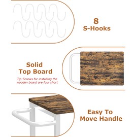 Kitchen Microwave Stand Cart with Storage Rack | 3-Tier Rolling Kitchen Side Table on Wheels with 8 Hooks, Utility Small Coffee Shelf Organizer for Living Room, Bedroom, Bathroom, Office, White