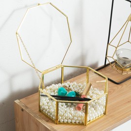 Sanllusit Glass Vintage Jewelry Box, Octagon Gold Jewelry Display Organizer Box Vanity Lidded Box Home Decor Accent Decorative Box for Storage Trinket Rings Bracelet - Big Jewelry Box