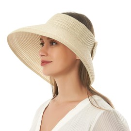 Women Sun Visors Foldable Straw Hats Beige Summer Beach Packable Hat Floppy Wide Brim Cap Deep Style, Adjustable Size