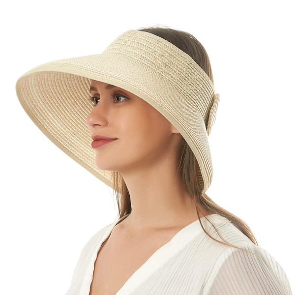 Women Sun Visors Foldable Straw Hats Beige Summer Beach Packable