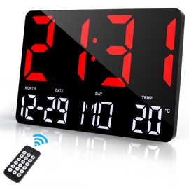 Lafocuse 12" LED Digital Wall Clock Large Display, Wall Mountable and Desktop Clock with Remote Control, Alarm, Date, Day, Temperature, Modern Electronic Clocks for Bedroom Living Room Office, Red