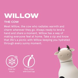 asobu Bestie Insulated Water Bottle, Stainless Steel Water Bottle with Removable Soft Animal Head for Kids and Teens with Reusable Flexible Straw (WILLOW THE COW)