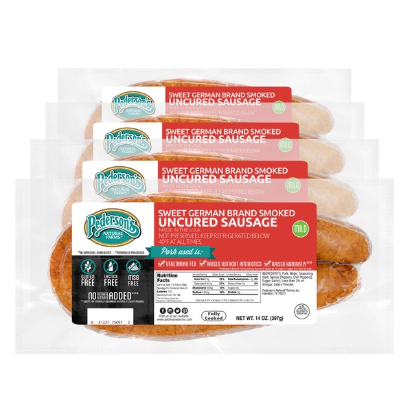 Pederson’s Farms, Sweet German Smoked Uncured Rope Pork Sausage, (4 Pack, Use/Freeze) 14oz – Fully Cooked, No Nitrates Nitrites, Gluten Free, Uncured Sausage