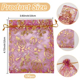 SOFPLATE 100Pcs 3.9 x 4.7 inch Small Mesh Gift Bags with Drawstring Jewelry Drawstring Pouch Bulk Gold Flower Pattern Candy Gifts Storage Bag for Wedding Party Favor Cosmetic Sample Earrings Packaging