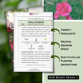 Sow Right Seeds - Double Flower Mixed Hollyhock Seeds for Planting - Non-GMO Heirloom Packet with Instructions to Plant an Outdoor Cottage Garden - Tall Ruffled Mix of Pink, Yellow, Red & White (1)
