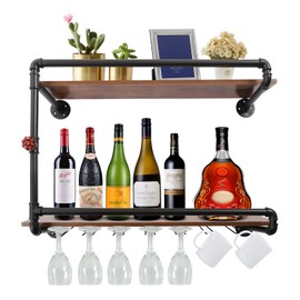 Headery 2 Layer 36” Wall Mounted Wine Rack, Rustic Pipe Wine Liquor Hanging Shelf with Glass Holder, Multifunctional Floating Plants Photos Wine Display Storage Holder for Kitchen Bar Club(Black)