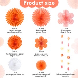 SUNBEAUTY Pack of 9 Paper Fan Decoration Hanging Daisy Garland Pink Orange White Flower Party Decorations for Wedding Birthday Table Decoration Classroom Baby Shower Backdrop Garland