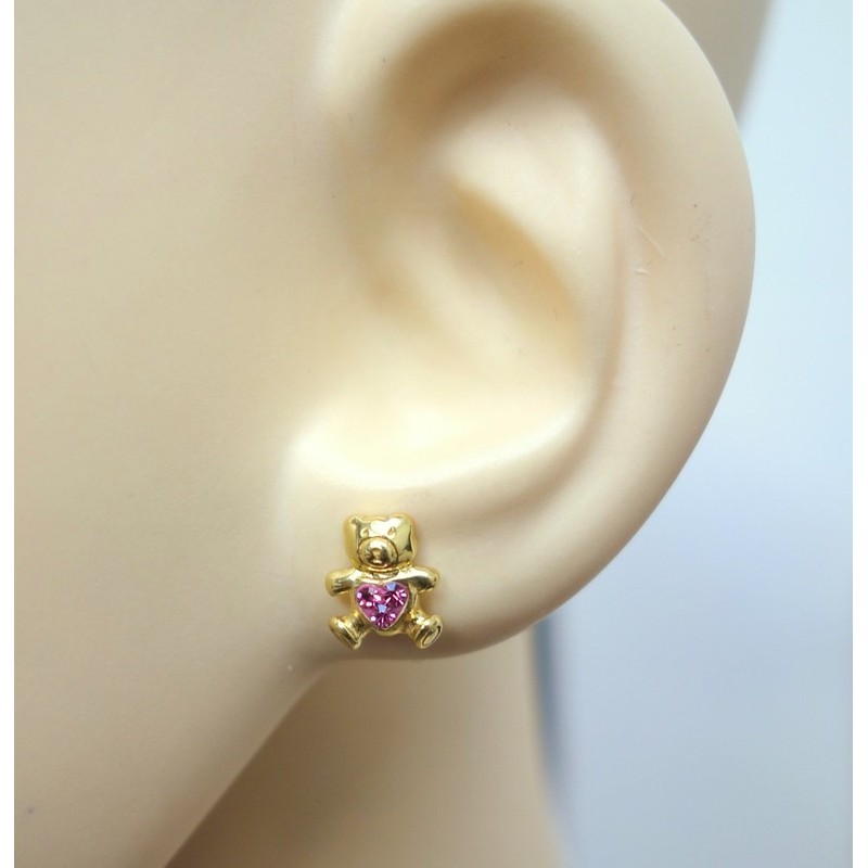 Teddy Bear Earrings with Crystal Stones 925 Sterling Silver Gold