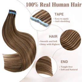 Lveyan Tape in Hair Extensions Human Hair, 18 Inch Chocolate Brown/Dark Blonde Remy Human Hair for Women Skin Weft 20pcs 50g/pack Invisible Tape in Hair Extensions (#P4/27, 18 Inch)