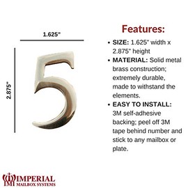 Self-Adhesive 3" inch Imperial Brass Mailbox Number # 5