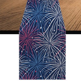 Patriotic 4th of July Fireworks Table Runner, Memorial Day Kitchen Dining Table Decoration for Home Party Decor 13x70 Inch