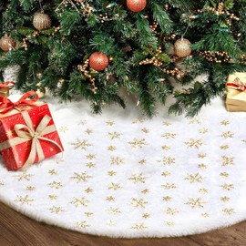 SPDCOW Falda de Arbol Navideño-Pie de Arbol Blanca de Piel Artificial de 124 cm - Base para Arbol de Navidad con Lentejuelas Brillantes y Copos de Nieve