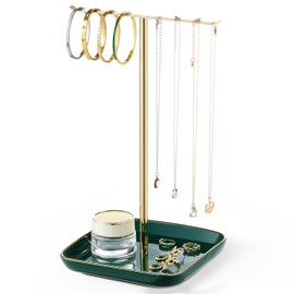 pickpiff Necklace Holder Stand with Ceramic Base: 12" Jewelry Tree Display Organizer for Necklaces, Bracelets, Rings, Earrings, Tall Gold and Green Stand for Women, Aesthetic Room Décor