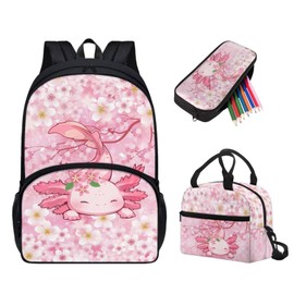 Tuoxiukan Floral Axolotl Girls Backpack And Lunch Box Set Kindergarten Cherry Blossom Bookbag With Lunch Box and Pencil Case For Girls 5-7 17 Inch Stationery Daily Necessities Storage Bag
