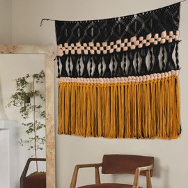 IOWER Macrame Wall Hanging Black Woven Macrame Wall Decor Boho Wall Decor Handmade Home Room Decor 47" W*35" L