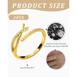 LOZTBUE Pack of 2 Women's Rings 925 Silver Simple Cubic Zirconia Ring Women's Opening Adjustable Ring