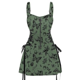 DRESSFO Women’s Gothic Buckle Strap Mini Dress – Lace Up Zipper Dress in Skull Animal Plant Print (Deep Green/Large)