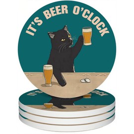 zcyhtqp, It's Beer O'Clock, Funny Absorbent Round Ceramic Stone Coasters Set of 4 with Cork Base, Funny Bar Coasters, Cat Lover, Gifts for Home, Bar, Office Table Décor