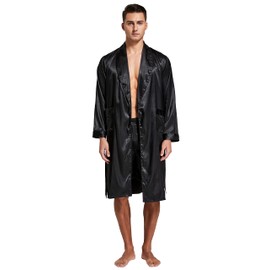 Tony & Candice Men's Satin Robe Lightweight Long Sleeve Silk Kimono Bathrobe with Shorts Set Sleepwear (Medium, Black)