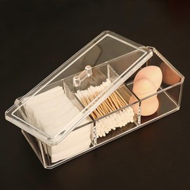 Hoiumlz Qtip Holder Dispenser 3 Compartments Cotton Ball Swab Holder with Lid Clear Bathroom Dresser Organizer Tea Bag Holder Acrylic Organizer for Cotton Ball and Swab, Round Pads, Hair Accessories