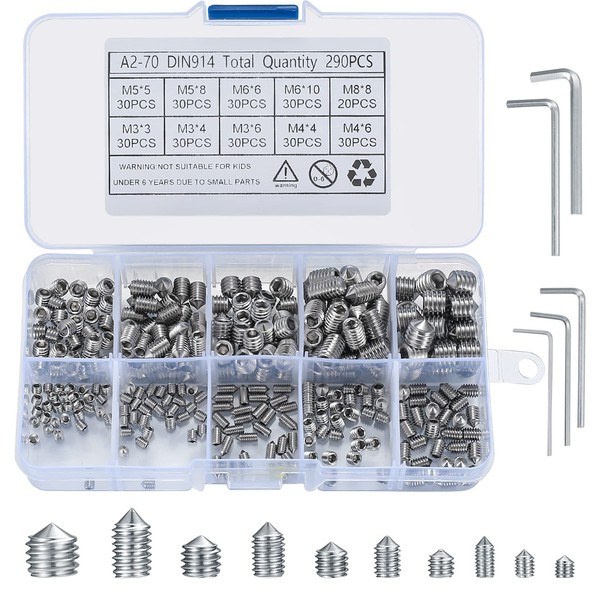 290 Pcs Cone Cup Point Grub Screws, M3/M4/M5/M6/M8 Hex Head