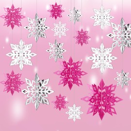 WILLBOND 18Pcs Pink and White Snowflakes Decoration 3D Hollow Christmas Hanging Snowflake Tree Ornaments Large Glitter Snowflake Pendant Garlands for Christmas Party Decoration