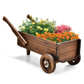 Giantex Wooden Wagon Planter Box, Decorative Wagon Cart with Wheels, Handles, Drainage Hole, Flower Planter Pot Stand, Rustic Flowerpot Planter, Indoor & Outdoor Garden Patio Balcony
