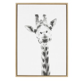 Kate and Laurel Sylvie Giraffe Animal Print Black and White Portrait Framed Canvas Wall Art by Simon Te Tai, 23x33 Natural