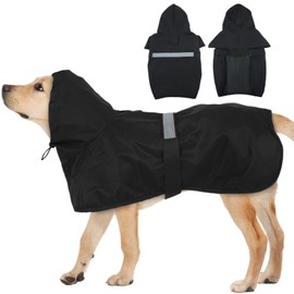 MIGOHI Dog Rain Jacket, Reflective Rain Coat for Medium Dogs | Adjustable Hind Leg Straps Rainproof, Waterproof & Windproof Coat for Rainy Days, Dog Poncho with Back Leash Hole, Black, 2XL