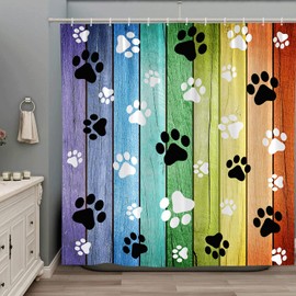 ZZYSKS Dog Paws Shower Curtain Rustic Old Barn Wood Board Black White Cute Dogs Cat Pet Paw Abstract Animal Footprint Pattern Print Modern Bath Decor Curtains with Hooks 70Wx70H Inch