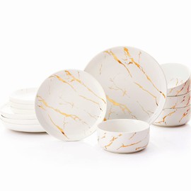Pokini White Gold Splash Dinnerware Sets, 12 Pieces Fine China Marble Plates and Bowls Sets, Modern Porcelain Dish Set for 4, Luxury Dinner Set for Formal Dinners and Weddings