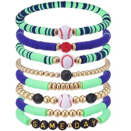 Landical 8 Pcs Baseball Game Day Bracelets Mom Bracelets Beaded Stretch Bracelets Stackable Sports Baseball Charm Bracelet Accessories for Women Outfit Jewelry Gifts (Blue Green, Bright Style)