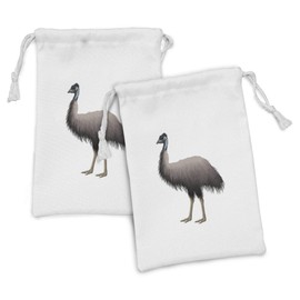 Lunarable Emu Fabric Pouch Set of 2, Indigenous Wild Animal Australian Ostrich Bird, Small Drawstring Bag for Toiletries Masks and Favors, 9" x 6", White Sepia Pale Sepia