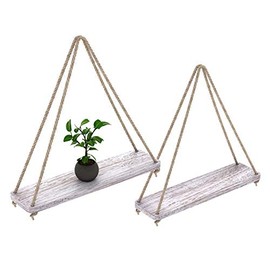 Rustic Set of 2 Wooden Floating Shelves with String â Farmhouse Hanging Shelves for Living Room Wall â Small Kitchen Shelves with Rope â 17âx5.2â â Distressed, Rustic White Color