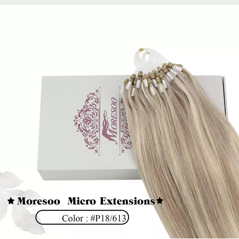 Moresoo Extensiones Cabello Real 50gr 14in #18 Rubio Cenizo Mixed