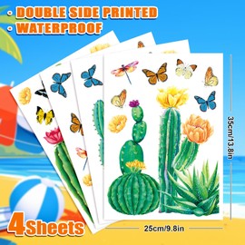 FYSUIMU Summer Cactus Window Cling Stickers Green Cacti Plant Flower Window Decals Watercolor Succulent Reusable Decoration for Party Home Classroom Bedroom, 4 Sheets