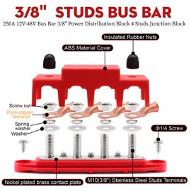 Taigoehua 250A 12V-48V Bus Bar 3/8" Power Distribution Block 4 Studs Junction Block with Lugs Terminal Connectors with Heat Shrink Tube (M10(3/8"))