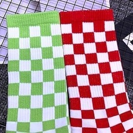 ​​Unisex Harajuku Checkerboard Crew Socks, Black White Streetwear Socks for Skaters, Breathable Cotton Skateboard Socks with Non-Slip Grip