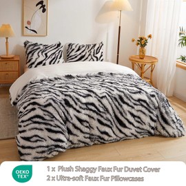 LIFEREVO Luxury Zebra Print Faux Fur Duvet Cover Fluffy Bedding Set, Soft Velvet Plush Fuzzy Comforter Cover(1 Shaggy Duvet Cover+2 Furry Pillowcases), Zipper Closure(King, Zebra Black and White)