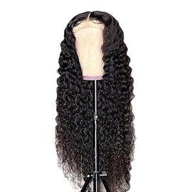 Lakaisa Human Hair Deep Wave Human Hair Wig 4 x 1 Lace #1B Natural Black Glueless Wear and Go Wig Women's Real Hair Bleached Knots Pre Plucked Hairline with Baby Hair for Woman 30 Inches