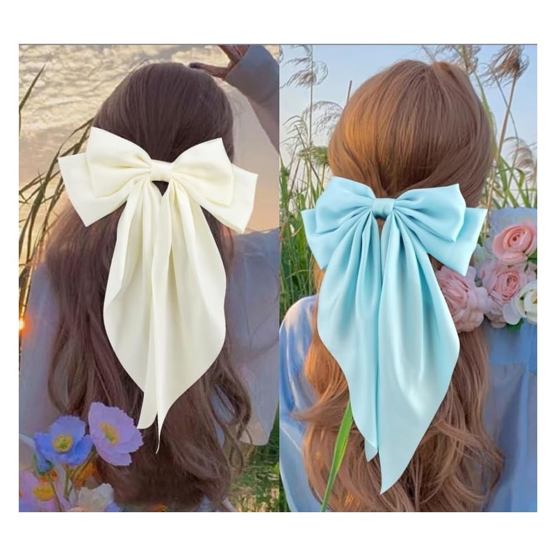Light Blue Satin Hair Bow Barrette, Large French Metal Bowknot
