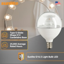 Sunlite G16.5 Light Bulb LED, 7 Watts (60W Equiv.), 500 Lumens, Dimmable, Type G Globe Shape E12 Candelabra Base, Short Bulbs, Vanity Mirror Bulbs, 2700K Soft White, Clear, 3 Count