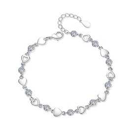 925 Sterling Silver Bracelets for Women Teens, Love Heart Charm Chain Bracelet Bangle Fashion Jewelry Gifts, 6.5 inch, Metal, Cubic Zirconia